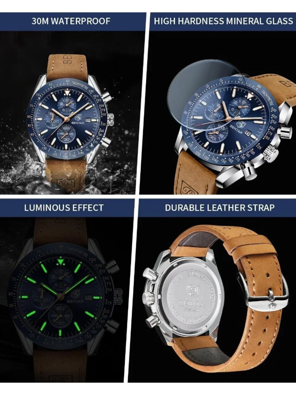 Mens Brown Blue Analog Silicone Strap Chronograph Luminous Designer Casual Watch